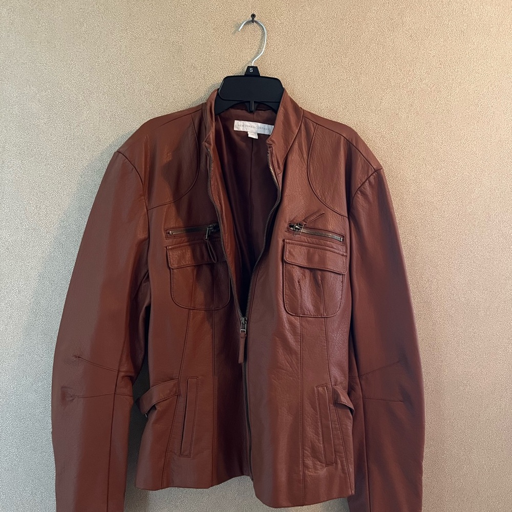 New York & Company Chest-Pocket Mauve-Brown Leather Jacket